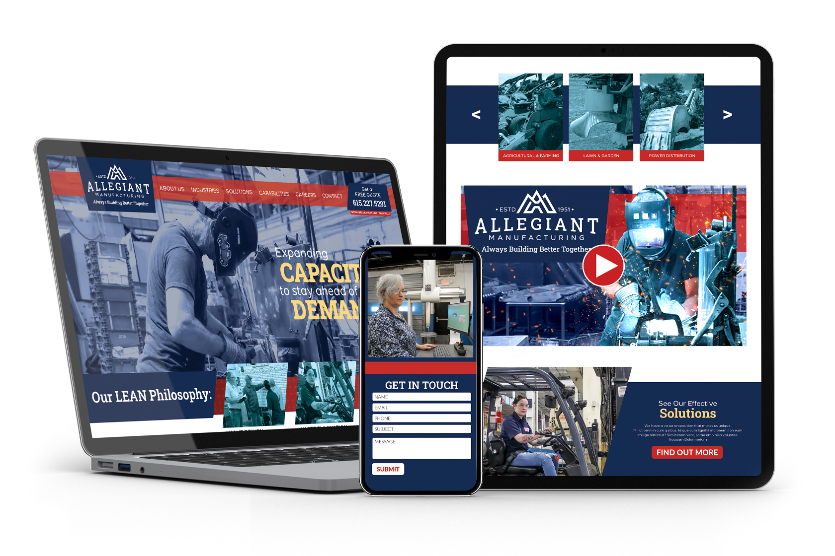 Allegiant Manufacturing Website Design Mockup with Phone, iPad, and Computer