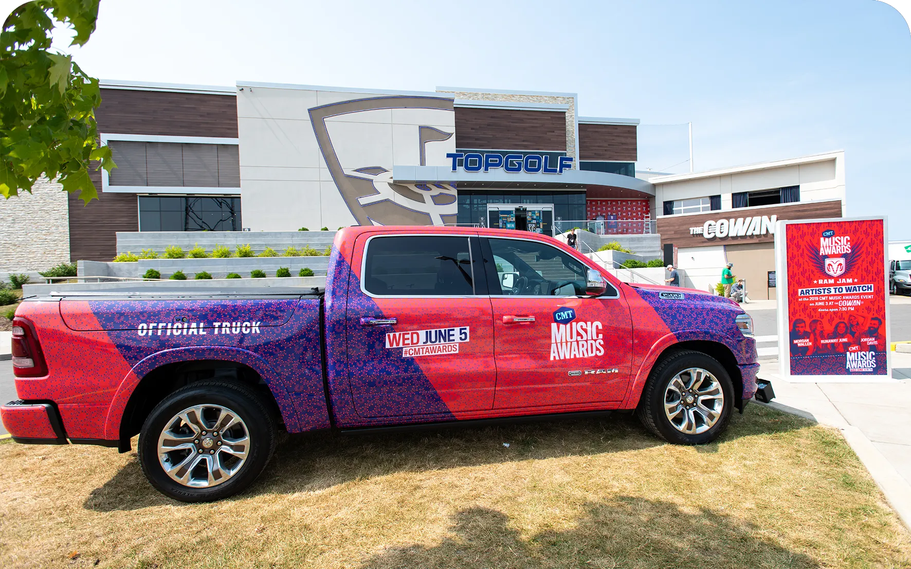 Country Music Television Event at Top Golf Nashville Wrapped Truck in front of building