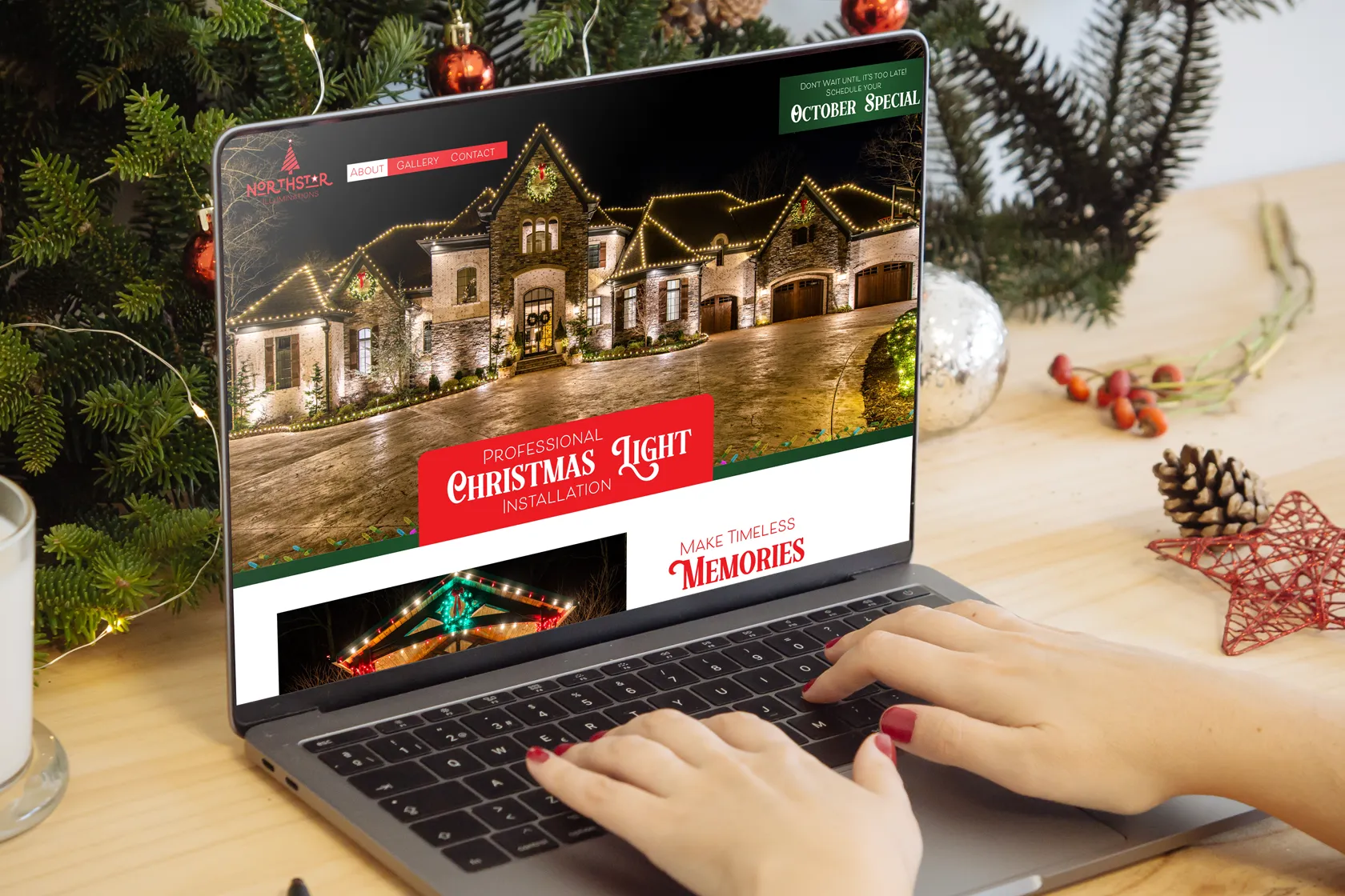Laptop with Northstar Illuminations around Christmas decorations