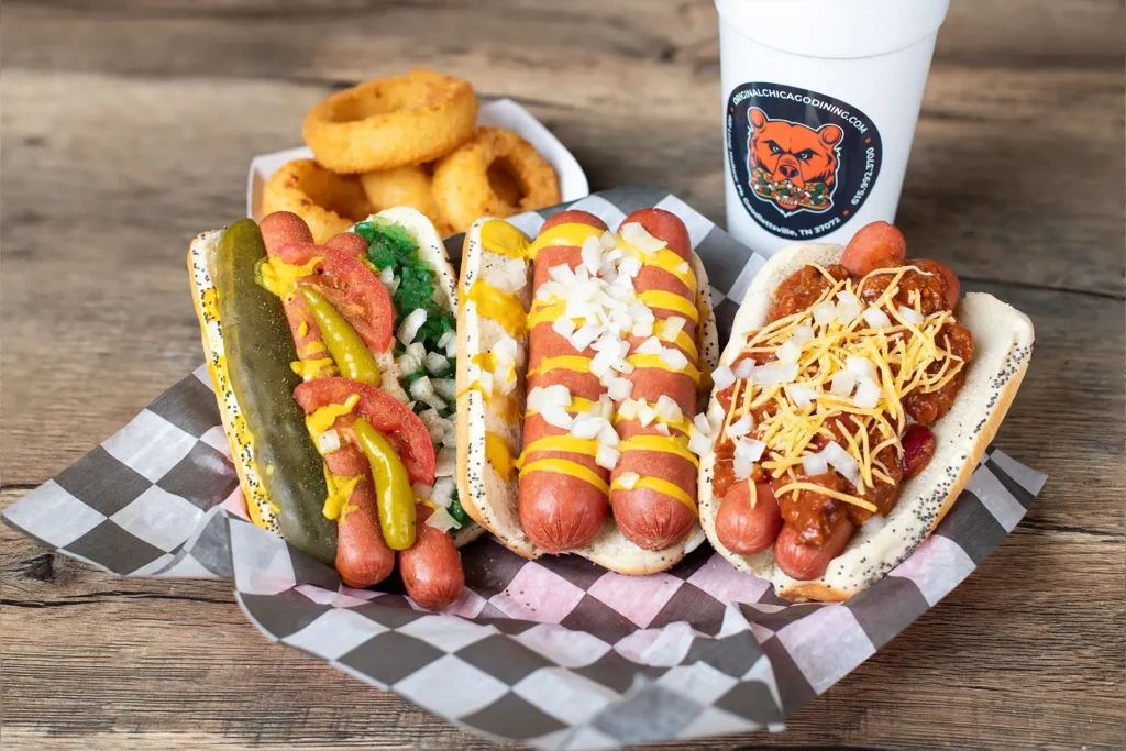 Staleys Double Dog Trio with a checkered wrapper placed on a wooden table.