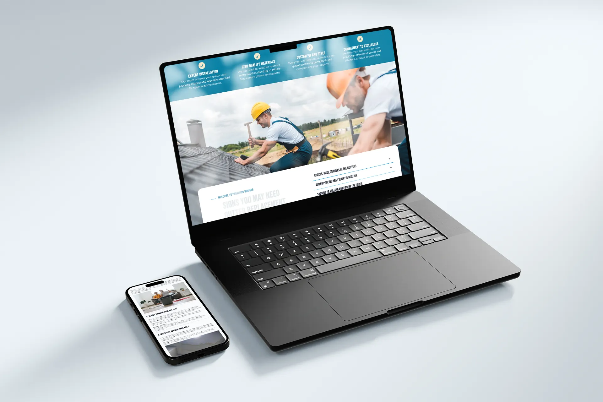 A laptop against a white background showcasing a roofing company website.