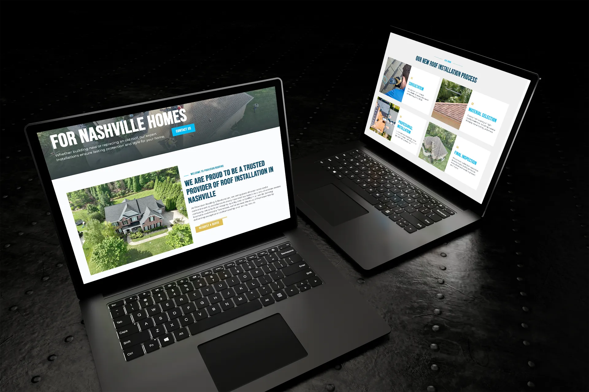 Two laptops against a dark background displaying a roofing company website design.