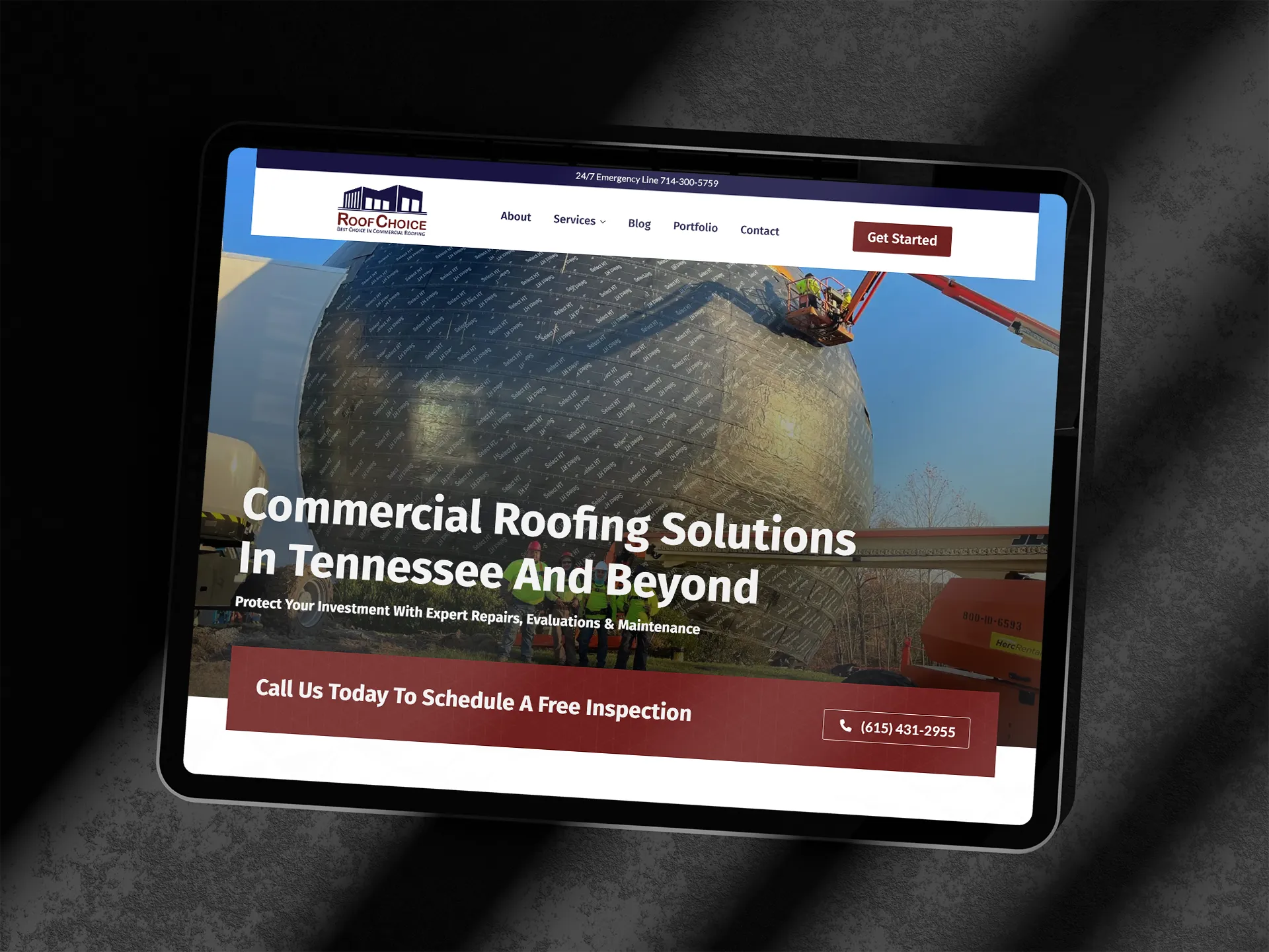 iPad with RoofChoice website design against a dark background.