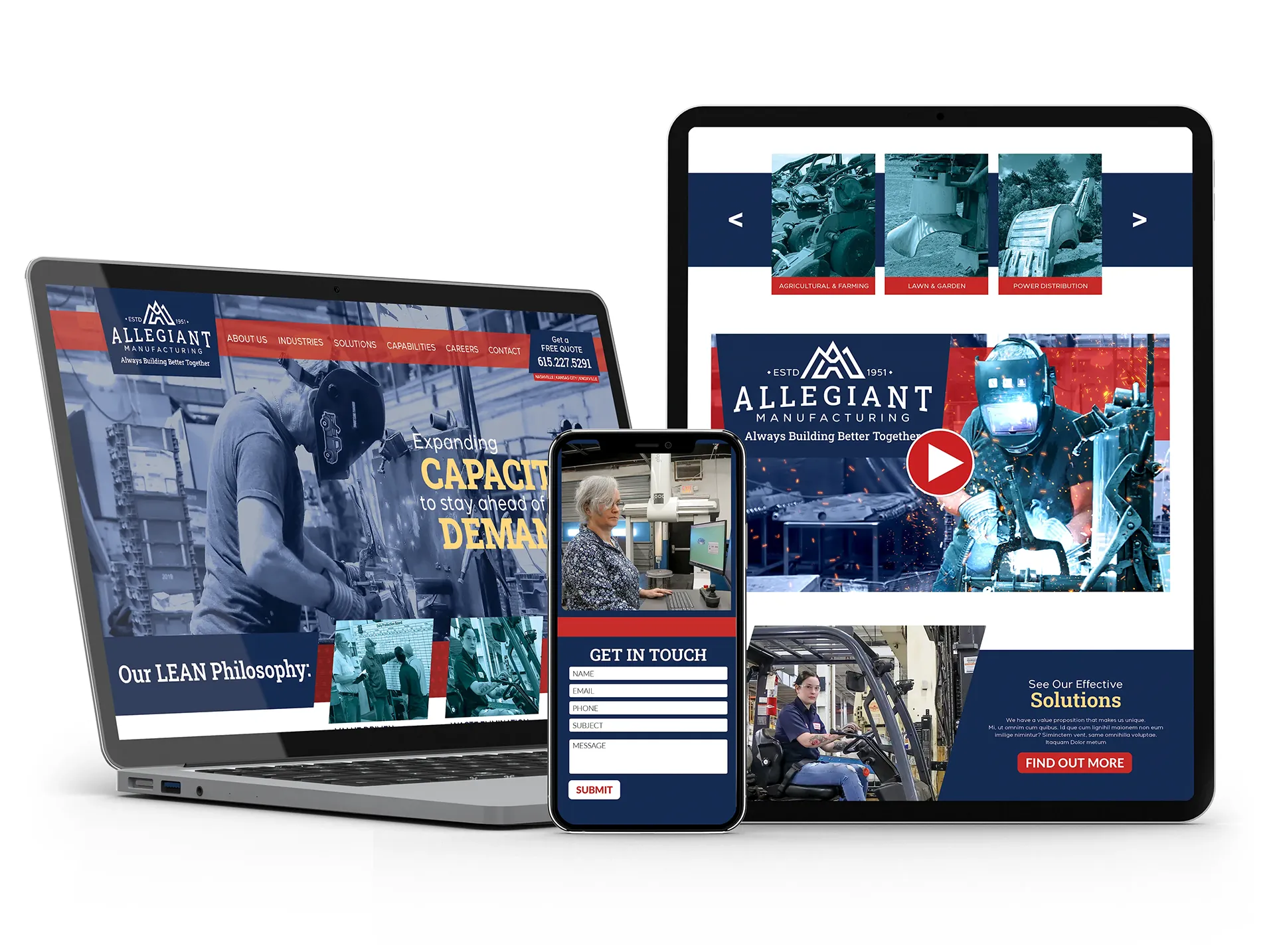 Allegiant Manufacturing Website Design Mockup with Phone, iPad, and Computer