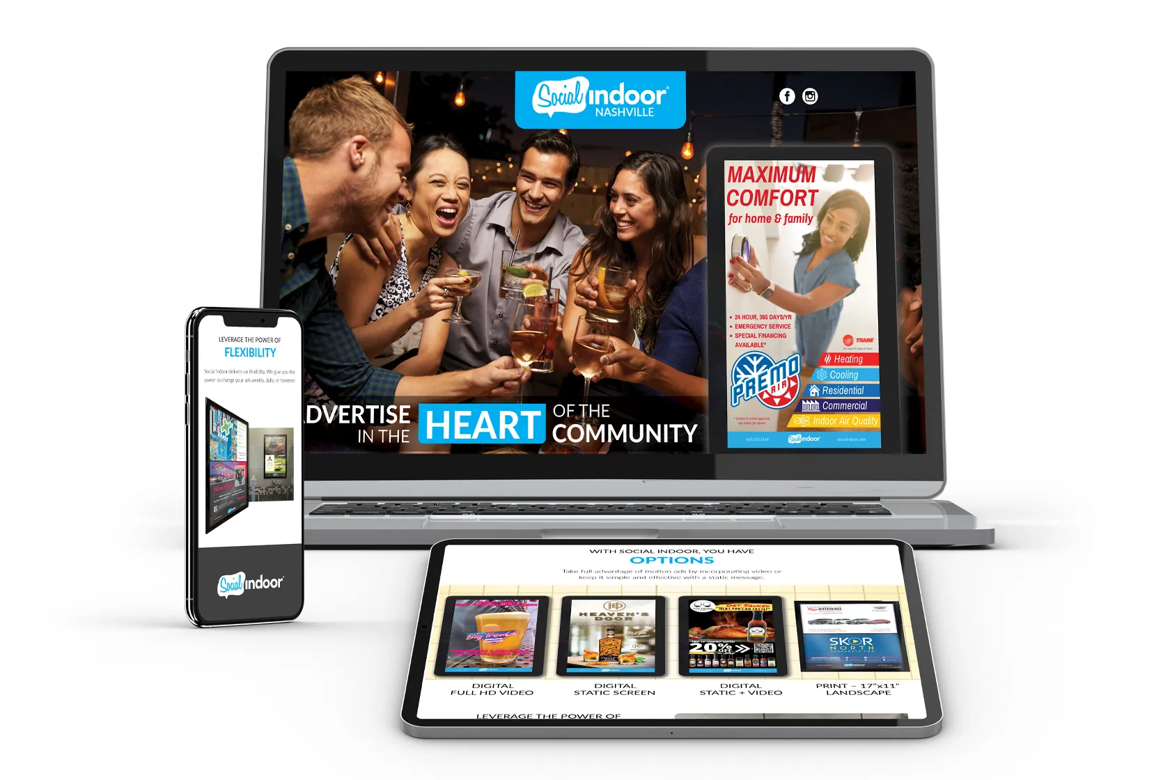 Social Indoor Website showcase on macbook pro, iPad, and phone against a white background