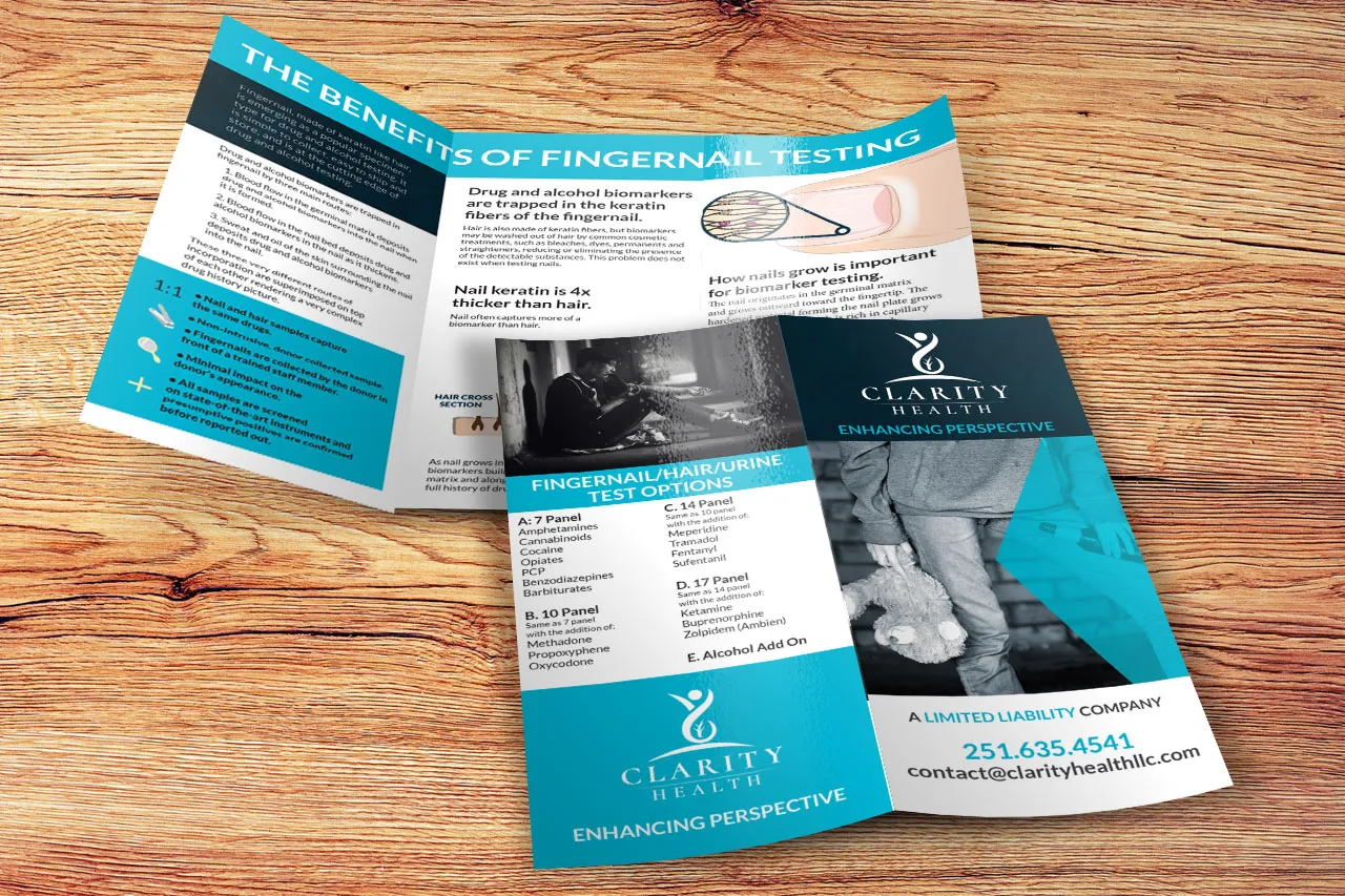 Clarity Health Fingernail Testing Brochure on wood background