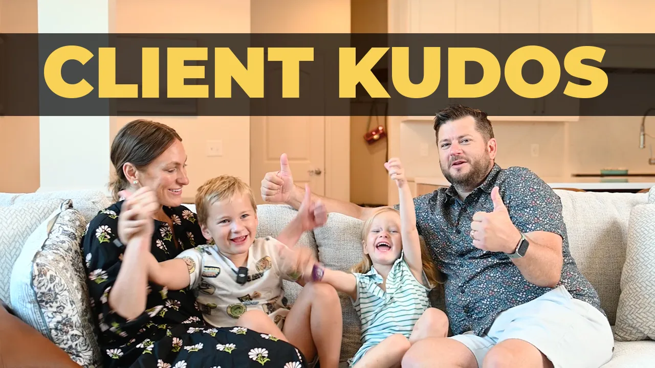 Happy family celebrating with the words Client Kudos above them